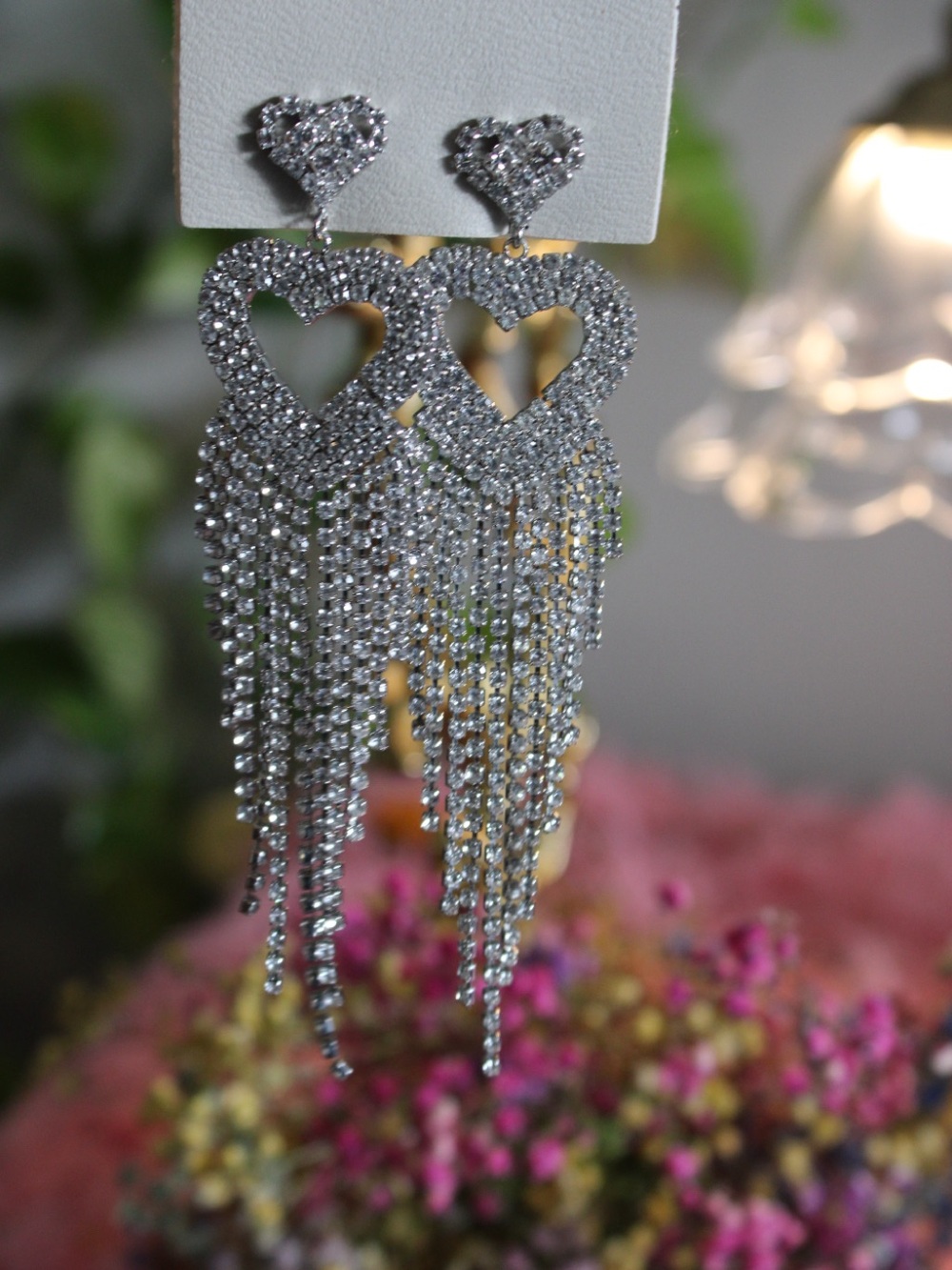 Urban Outfitters Silver Crystal Heart Fringe Drop Earrings